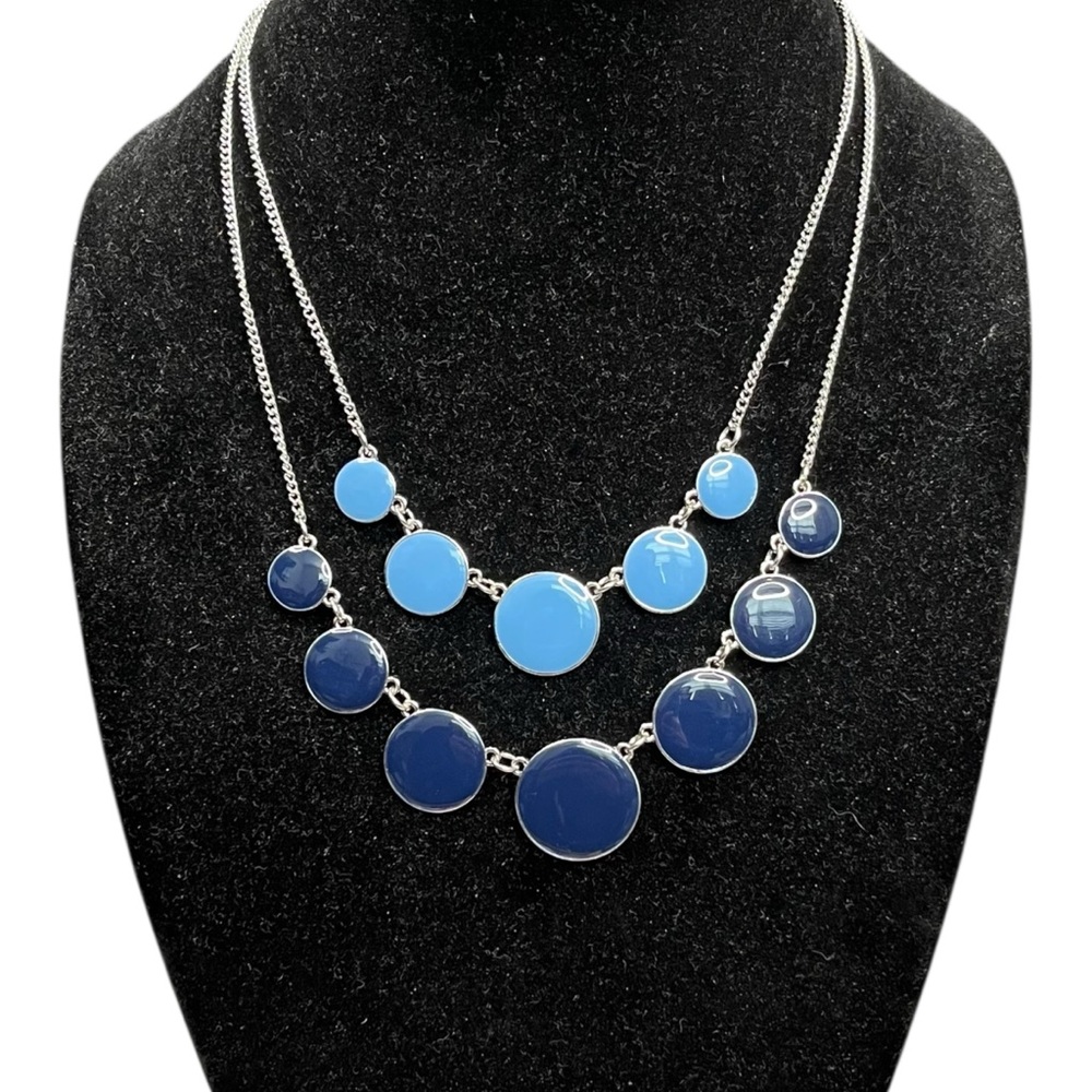 Cato C1946‎ Two Layer Graduated Blue Enamel Disk Necklace on Silvertone Chains